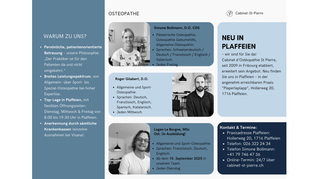Cabinet d'Ostéopathie Saint Pierre, Praxis für Osteopathie Plaffeien image